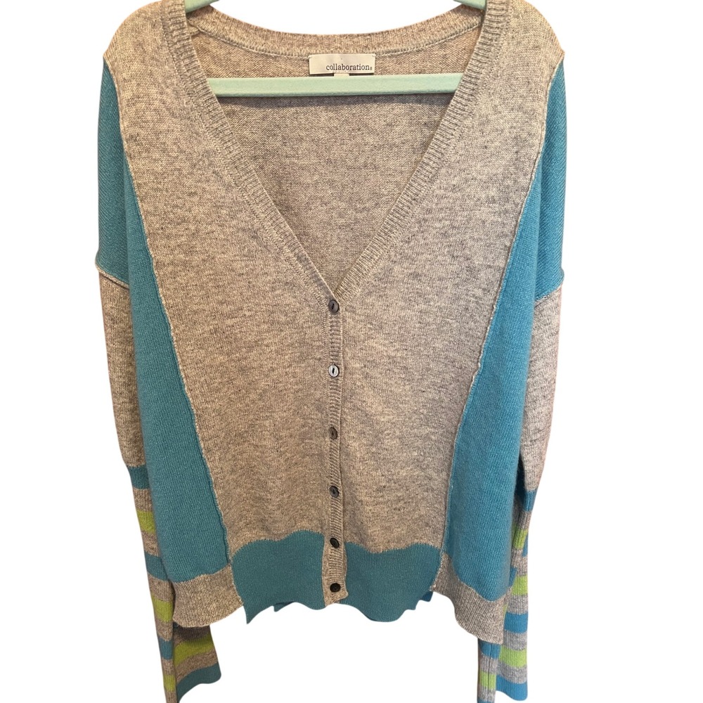 Collaboration Cashmere Cardigan Sweater Gray Blue Green Stripe‎ Womens Size S